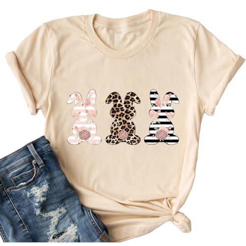 Yimoya Happy Easter Shirt Cute Easter Tees Leopard Bunny Rabbit Graphic Tees (XL, A-Cream)