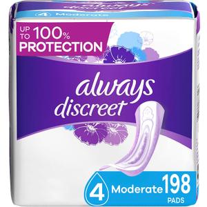 Always Discreet, Incontinence & Postpartum Pads for Women, Size 4 Drops, Moderate Long Absorbency, 198 Total Count (3 Packs of 66 Count)