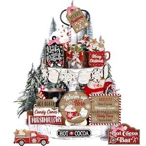 Vercraft Christmas Tiered Tray Decor Winter Tiered Tray Decorations Set Snowman Snowflake Gnome Truck Wooden Signs Farmhouse Christmas Table Decorations for Home Table Shelf (Hot Cocoa)