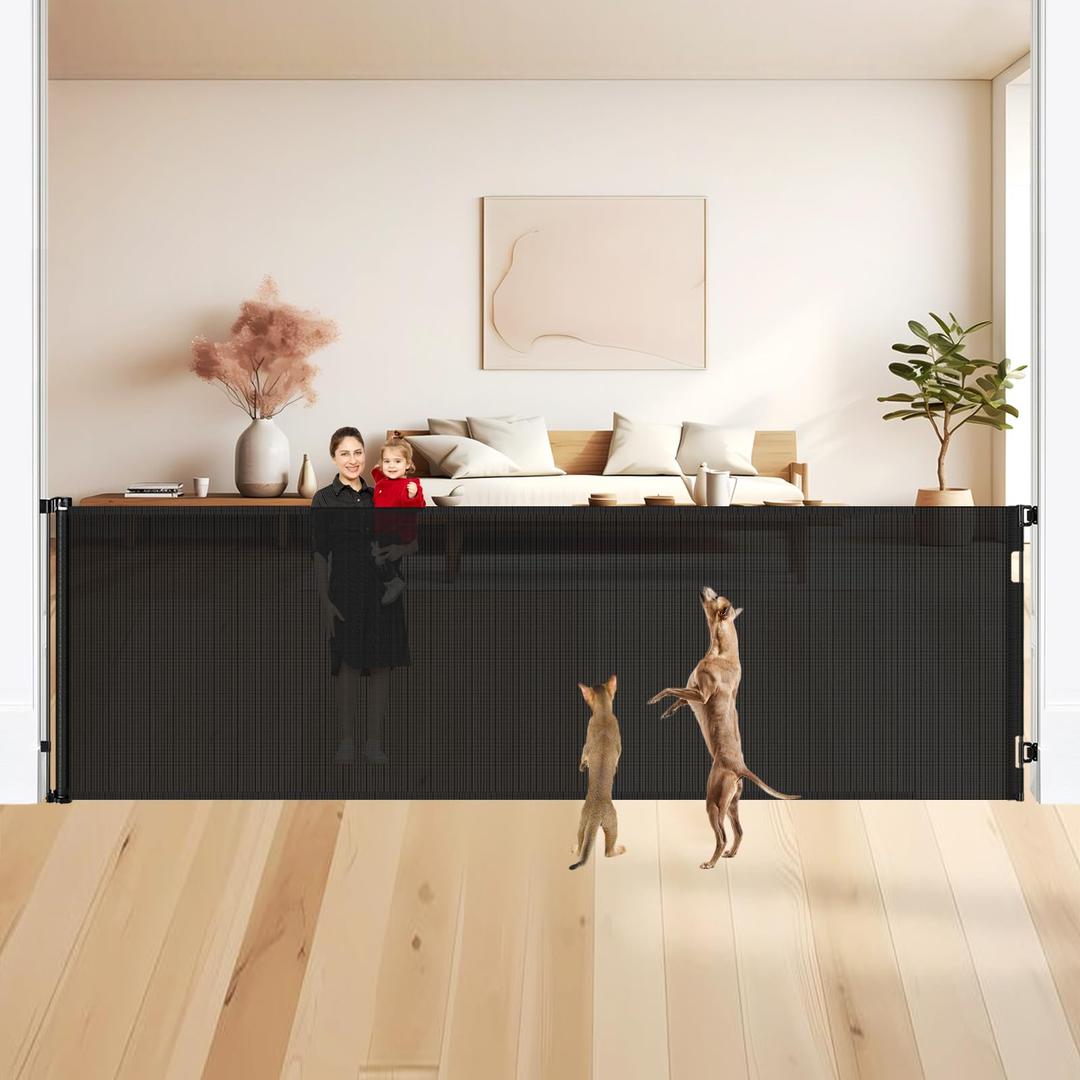 48" Tall X 95" Extra Wide Retractable Gate Extra Tall Pet Gate for Wide Openings Dog Gate Indoor Outdoor Mesh Baby Gate for Doorways - Upgraded Height to Prevent Jumping Over, Gray