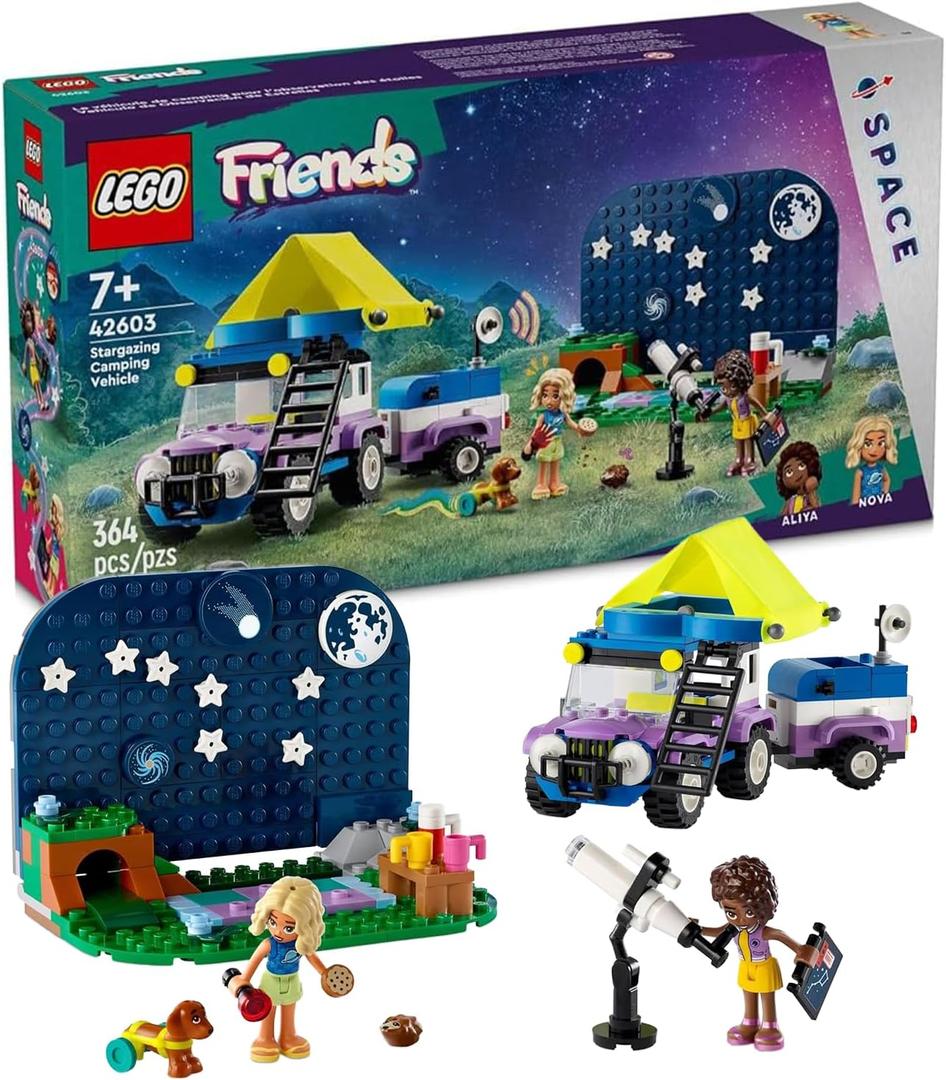 LEGO Friends Stargazing Camping Vehicle Adventure Toy, Includes 2 Mini-Dolls, Camping Trailer, Telescope Toy, and a Dog Figure, Science Gift Idea for Girls, Boys and Kids Ages 7 and Up, 42603