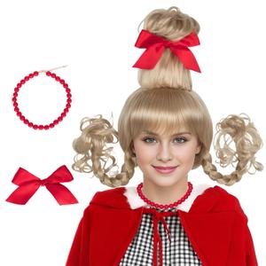 Miss U Hair Adult Women Christmas Wig Long Blonde Braid Wig with Red Beads Necklace Bow (Average Head)