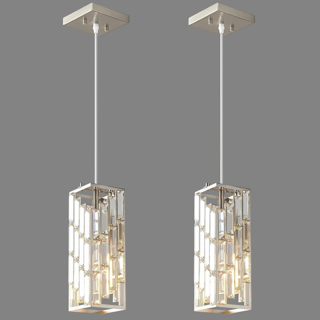 Brushed Nickel Pendant Lighting Modern Pendant Light, Mini Crystal Chandeliers, Adjustable Pendant Light Fixture for Kitchen Island Dinning Room Bedroom (2 Pack)