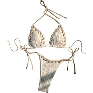 WDIRARA Women's Two Piece Bikini Set Halter Triangle String Bikini Swimsuit (X-Large, Apricot)