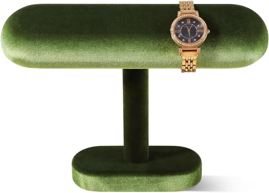 Resilient Velvet Watch Display Stand, T-Shape Jewelry Holder For Bracelet Necklace, Jewellery Store Retail Countertop Display Rack (Green, Semi-Flat)