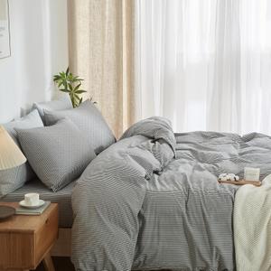 Striped Duvet Cover Set Queen Size 3 Pcs Breathable Durable 100% Washed Cotton Comforter Cover for All Seasons Chic Linen Like Textured Bedding Set (Dark Grey White Pinstripes, Queen)