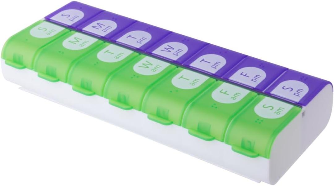 EZY DOSE Pill Organizer Weekly (7-Day), Medicine Planner, Vitamin Box, Daily Planner Case, 2 Times a Day, AM PM, Large Compartments, Easy Fill All Compartments at Once, Green and Purple, BPA Free