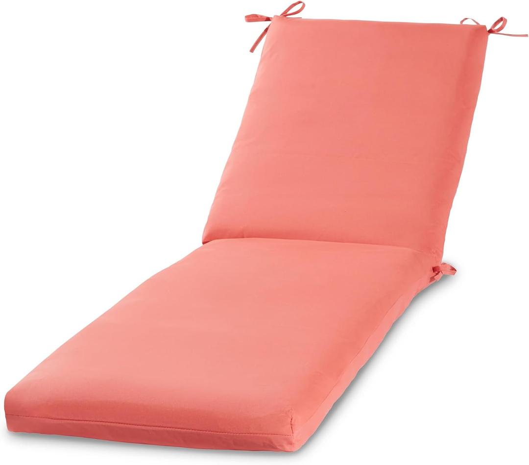 Modern Outdoor Chaise Lounge Cushion with Ties – Durable Polyester Fabric, Channel-Filled Polyfiber Insert, Removable Zippered Cover, Coral