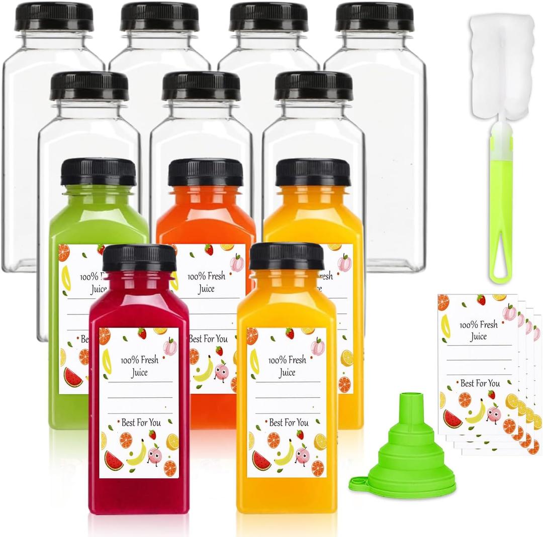 Plastic Juice Bottles with Caps 12 pcs -12oz Reusable Juice Containers with Tamper Proof Lids Black - Clear Bottles for Juicing Milk Smoothie Drinking and Other Beverages Christmas Gifts