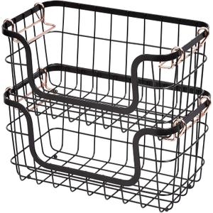 Amazon Basics Stackable Metal Wire Rectangular Storage Basket Set For Kitchen or Bathroom, 2 Count, Black
