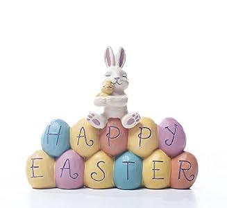 DurableDelights Resin Easter Bunny Figurine Hand-Painted Happy Rabbit Statue Cream Bunny with Eggs Sculpted for Family Collectible for Home Decor H 4.06 Inch