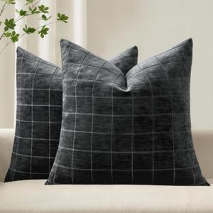 MIULEE Decorative Chenille Check Throw Pillow Covers Vintage Plaid Couch Pillows 20x20 Inch Set of 2 Neutral Boho Farmhouse Cushion Covers Modern Home Decor for Sofa Bed Living Room Black