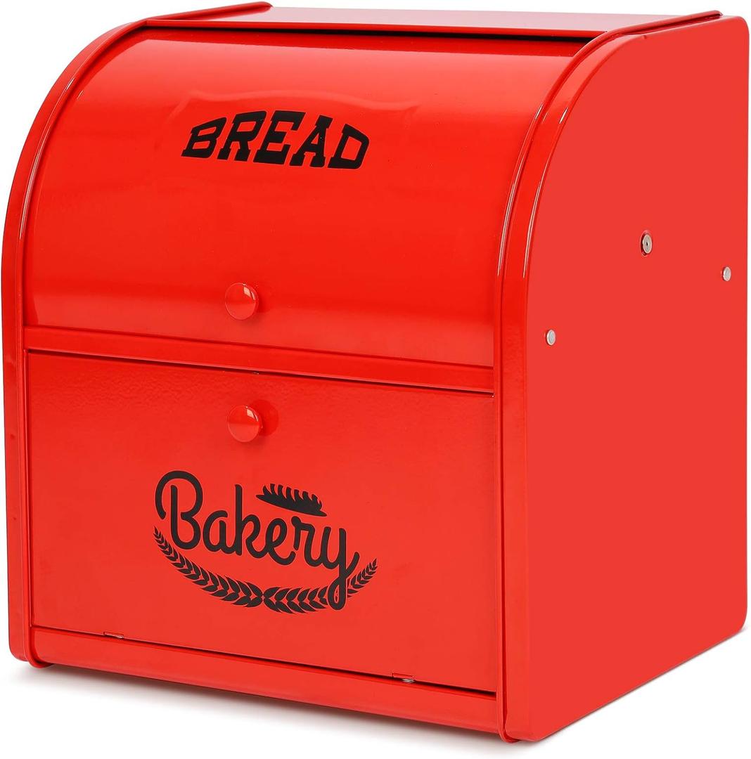 Widousy 2 Layer Metal Bread Boxes, Bread Box Storage Bin Kitchen Container with Roll Top Lid Iron Countertop Containers Metal Food Storage Bread Keeper Large Capacity Home Kitchen CounterRed