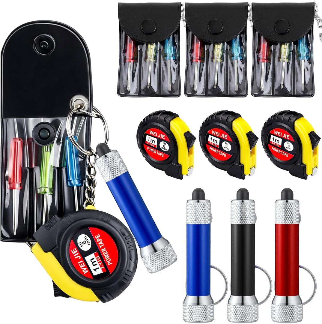 Jutom 90 Pcs Mini Tape Measure Keychain Screwdriver LED Light Keychain Bulk Men Adult Tool Party Gifts Prize for Man Father's Day Housewarming Gifts Adult Useful Tool Favors (Blue,Black,Red)