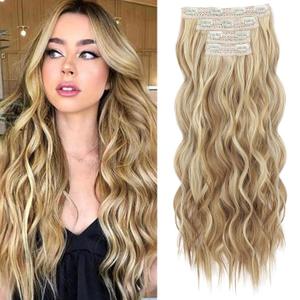 REECHO Clip in Hair Extensions, 4PCS Hair Extensions 24" Thick Long Beach Waves hair extensions HE003 Invisible Lace Weft  Medium Blonde with Blonde Highlights