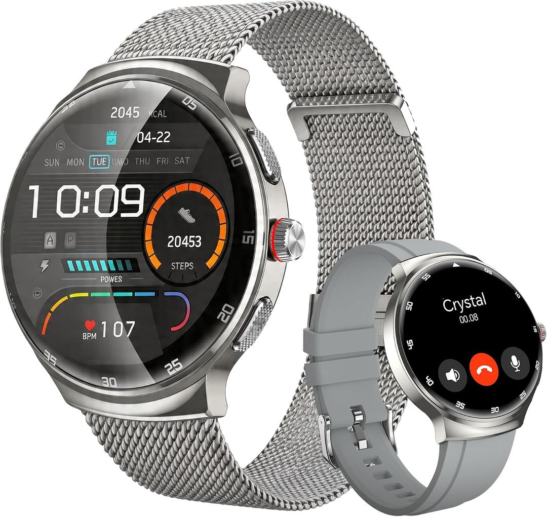 Smart Watches for Men Women, 1.43'' AMOLED Touchscreen Smartwatch for Android & iPhone, 150+ Sports Modes, Waterproof Fitness Tracker, Heart Rate/SpO2/Stress/Sleep Monitor, 2 Bands, Silver