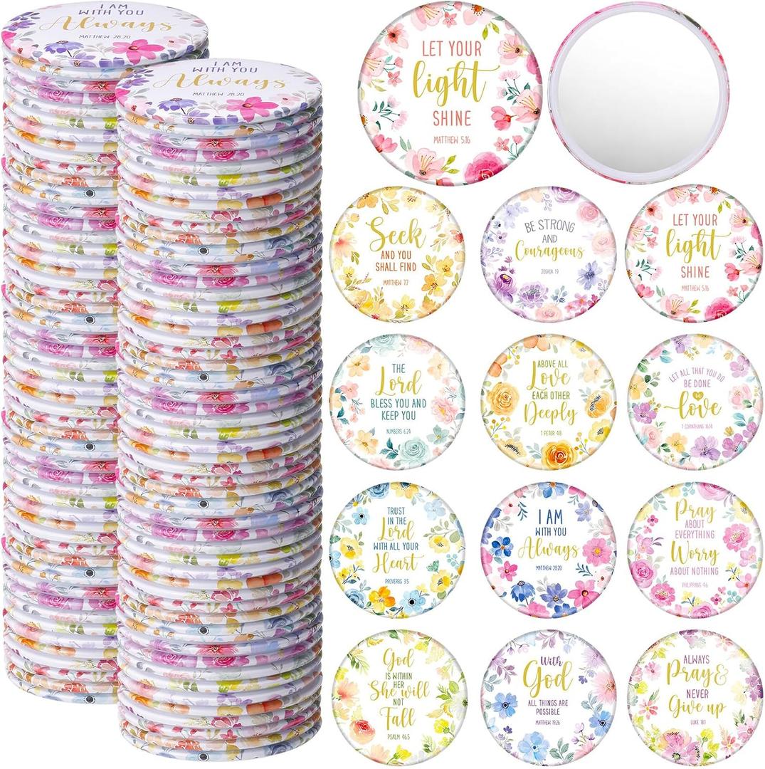 Geelin 48 Pcs Christian Compact Mirrors Bulk Floral Bible Verse Mirror Mother's Day Bulk Gifts for Women Portable Pocket Purse Makeup Mirror for Graduation Religious Group Sunday Church Party Favors