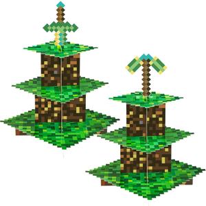 2 Pack Cupcake Stands Birthday Decorations, Themed Cupcake Holders Party Supplies Favors - 3 Tier Cardboard Cup Cake Tower for Girls Boys Birthday Baby Shower Party First Day (Game)