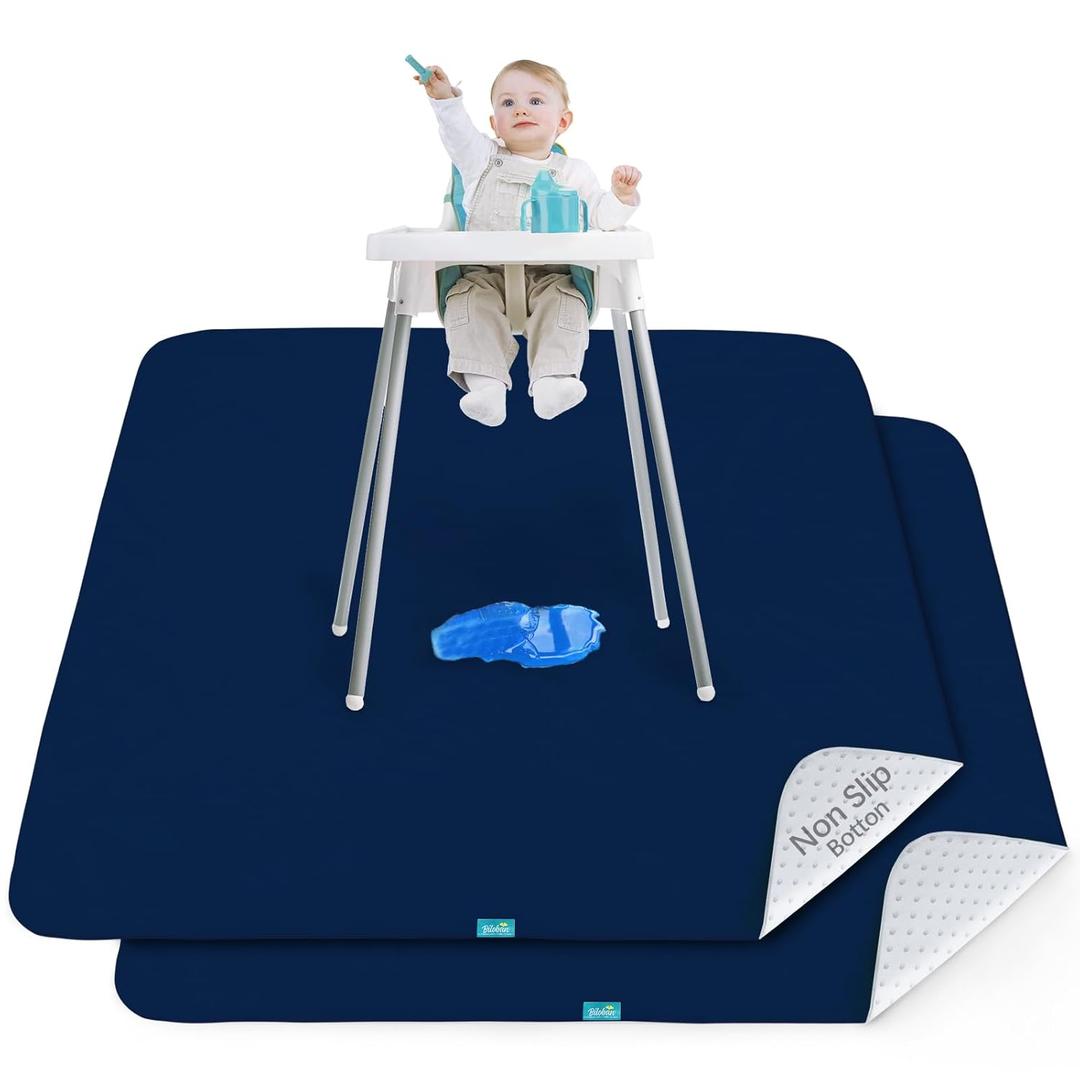 Splat Mat 2 Pack for Under High Chair & Arts & Crafts & Eating Mess, Waterproof 42''46'' Baby Playtime Anti-Slip High Chair Mat for Floor or Table, Reusable & Portable Splash Mat for Under High Chair (Navy Blue)