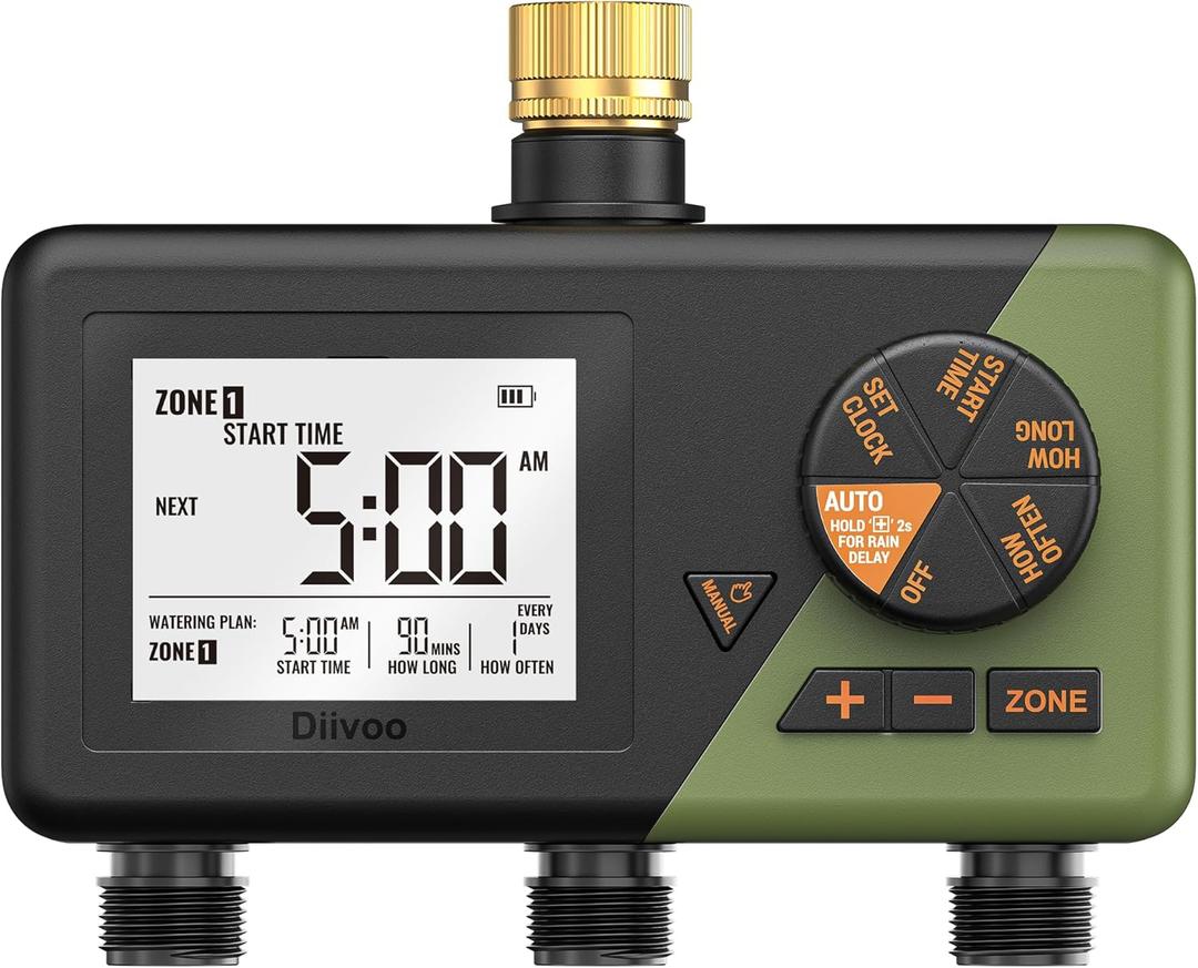 Diivoo Brass 3 Zone Sprinkler Timer, Programmable Hose Timers for Watering 3 Outlet with Large Display, Rain Delay & Manual Mode for Outdoor Automatic Irrigation of Garden, Lawn, Yard