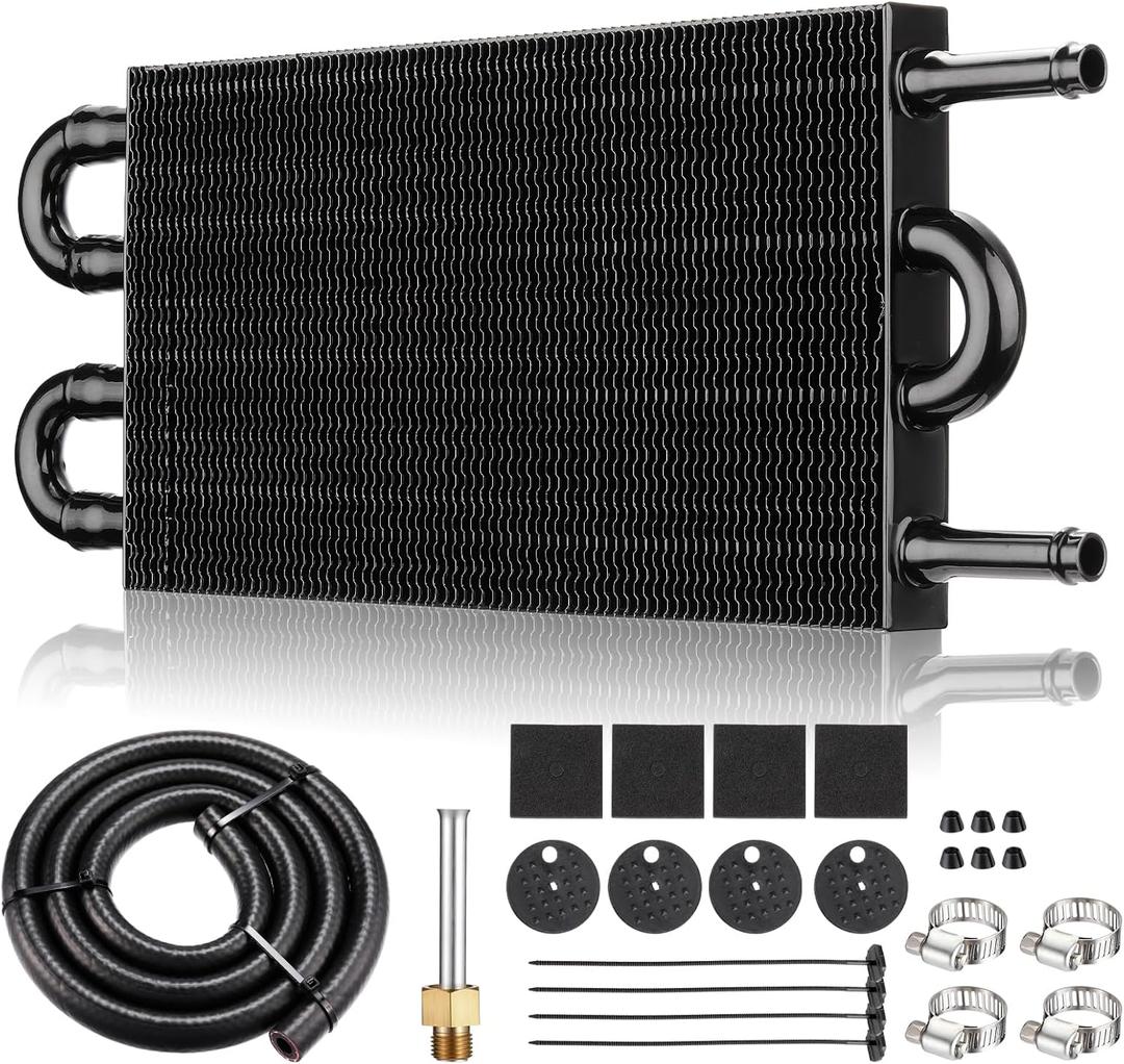 5/16" Transmission Oil Cooler Kit, Universal Aluminium Black alloy 4 Pass Ultra-Cool Tube and Fin Oil Cooler Kit Compatible with Ford Chevrolet Dodge Ram Truck