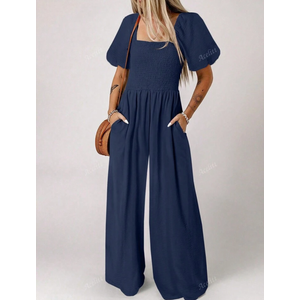Acelitt Women Solid Color Minimalist Crew Neck Loose Short Sleeve Jumpsuit, SIZE M