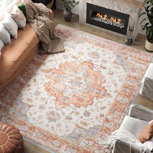 jinchan Area Rug 8x10 Vintage Washable Living Room Rug Floral Medallion Non Slip Thin Floor Cover Retro Classic Soft Boho Farmhouse Carpet for Bedroom Dining Room Kitchen Brick Red