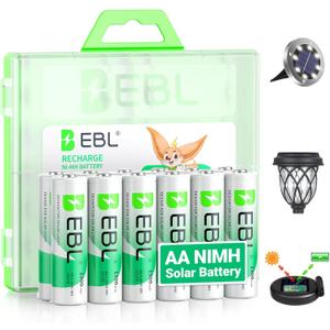 EBL Solar AA Battery Rechargeable Batteries for Outdoor Solar Lights, 1300mAh NIMH Pre-Charged 1.2V Recharge up to 1200x Times for Garden Landscaping String Lights, Pack of 12