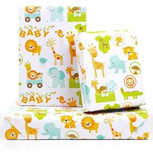 Gift Wrapping Paper for Baby Boys Girls Infant Kids, 6 Sheets Forest Animals Lion Giraffe Elephant Monkey Crocodile Wrapping Paper Sheet, 20 x 30 Inch Gift Paper for Baby Shower Birthday Kindergarten,Pack of 2