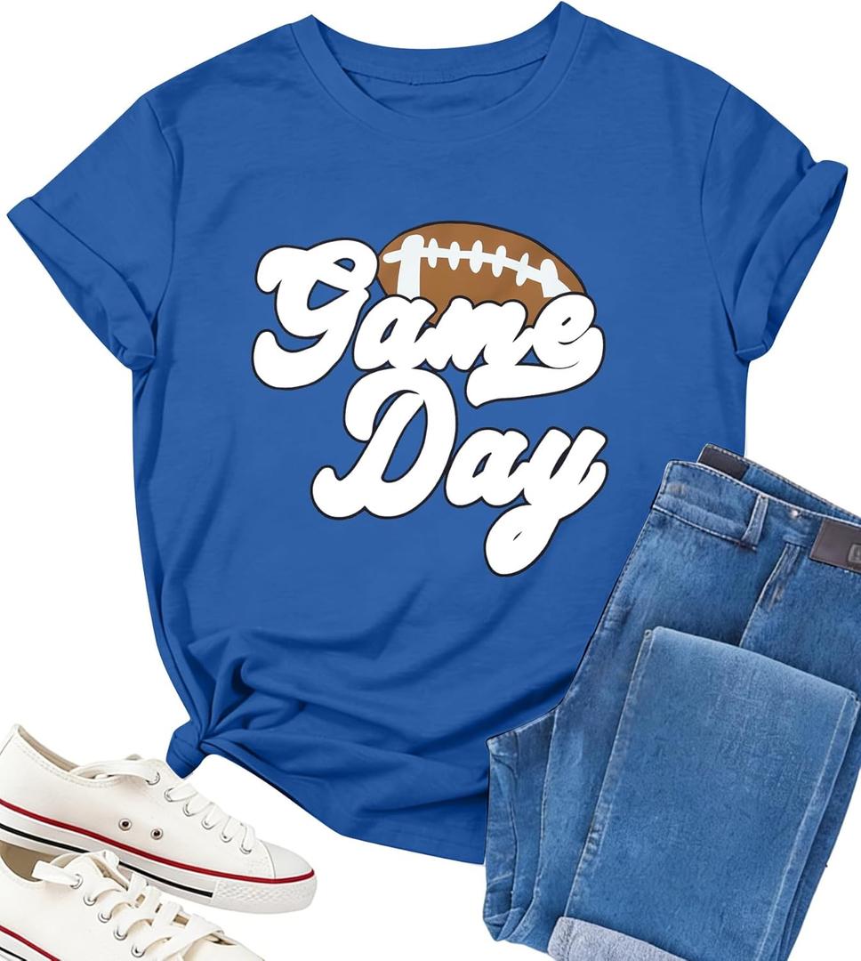 Game Day Shirts for Women Football Graphic Sunday Funday Tee Vintage Casual Football Season Short Sleeve Tee Tops (Medium, Blue)