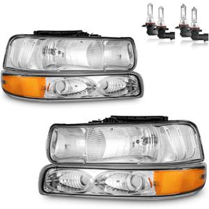 Headlights Assembly for 99-02 Chevy Silverado 1500 2500; for 01-02 Silverado 1500HD 2500HD 3500HD; for 00-06 Tahoe Suburban Headlight+Bumper Parking Turn Signal Marker Light with Bulbs (Polished Chrome | With High & Low Beam Bulbs)