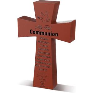Yalikop My First Communion Tabletop Cross Resin StoneCross 5 x 3 Inch Wood Grain First Communion Gifts for Baptisms Weddings Decorations