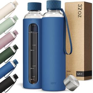 KIVY Glass Water Bottle with Silicone Sleeve 32 oz [WITH MEASUREMENT] - Borosilicate Glass Water Bottle Screw Top - Clear Bottles with Measurement Marking - Slim Waterbottle Aesthetic - Dark Blue