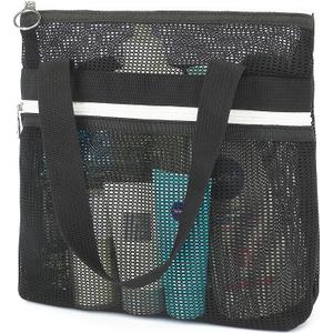 Mesh Shower Caddy Portable with Zipper & 2 Pockets - Quick Dry Shower Caddy Hanging for Travel Gym Camp Beach - Organizer Bag Bathroom Essentials for College Dorm (Zipper Closure - Black)