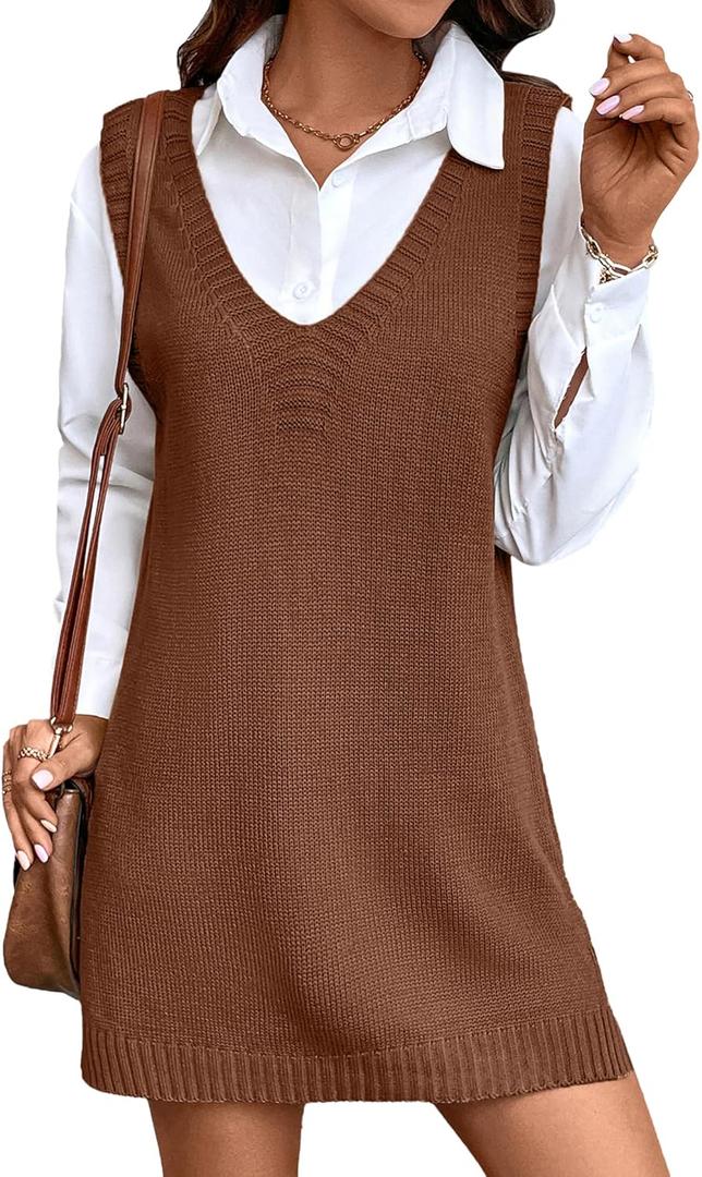 Womens Cute Lightweight V Neck Long Sweater Vest Dress Spring 2025 Trendy Ribbed Knit Side Slit Tunic Pullover Top (Medium, Brown)