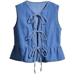 SHENHE Women's Y2k Tie Front Denim Vest V Neck Ruffle Hem Sleeveless Peplum Jean Top Shirt ( M )