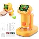 HEWEIMEI 1600X Microscope for Kids, 4K 2.0" Screen Kids Microscopes with Slides Kit Microscope for Toddlers Christmas Birthday Gifts Toys for 3-14 Year Old Children Students (Yelllow)