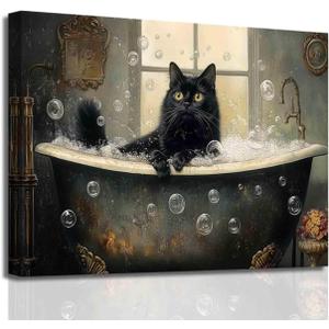 BJYCHG Cat Bathroom Wall Art Animal Bathroom Pictures Black Cat in Bathtub Poster Prints Funny Animal Canvas Paintings Toilet Artwork Vintage Farmhouse Decor Frame (Black, (16L x 24W))
