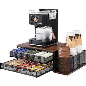 Coffee Bar Organizer, 60 Capacity K Cup Organizer for Countertop, 2 Tier Sliding Coffee Pod Storage Drawer with Disposable Cup & Lid Holder, Black