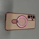 for Samsung Galaxy A16 5G Love Heart Kickstand Case with 2X Screen Protector: Luxury Plated Gold Edge Slim Soft TPU Shockproof Protection Case Cover for Galaxy A16 (Pink)