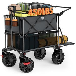 TIMBER RIDGE Push & Pull Double Decker Wagon, 400L Large Capacity Heavy Duty & 450lb Load, Collapsible Cart with All-Terrain Wheels & Brakes, 54 Extended Foldable for Sports, Beach, Camping, Grey