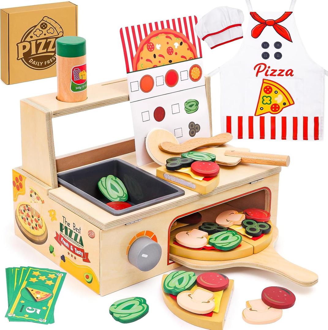 Wooden Pizza Toy, Montessori Pretend Play Toys, Wooden Pizza Counter Playset, Play Food and Accessories, Cooking Pretend Play Toys for Boys Girls Age 3+