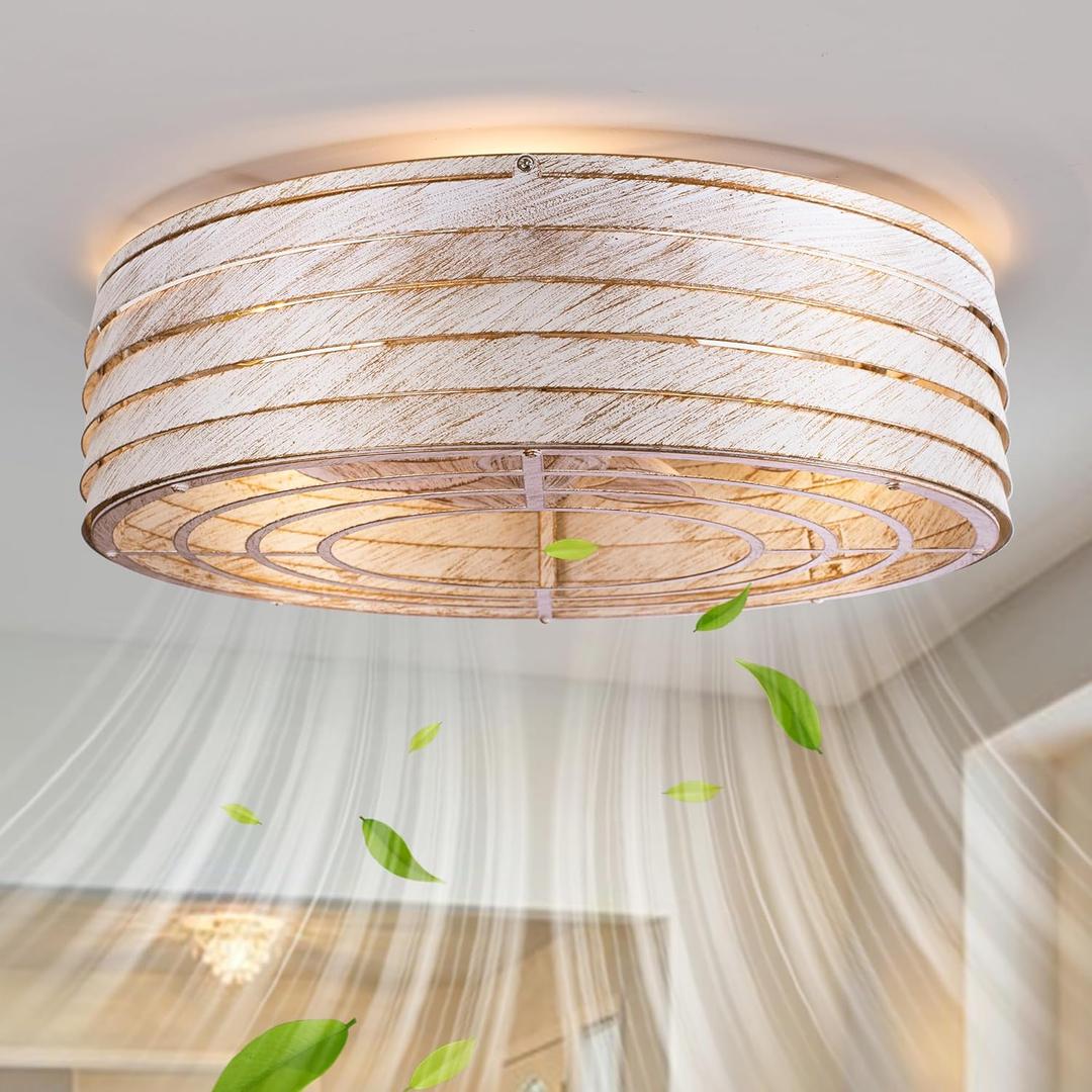 20'' Flush-Mount Ceiling Fan with Dimmable-Light and Memory Remote Control, Reversible-Motor, Low-Profile Retro White Caged Ceiling Fans with Lights, Perfect for Bedroom, Kitchen