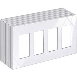 BESTTEN 5 Pack 4-Gang Screwless Decorative Wall Plate, Decorator Outlet Cover, USWP6 Snow White Series, H4.69 x L8.35, for Light Switch, Dimmer, GFCI, USB Receptacle