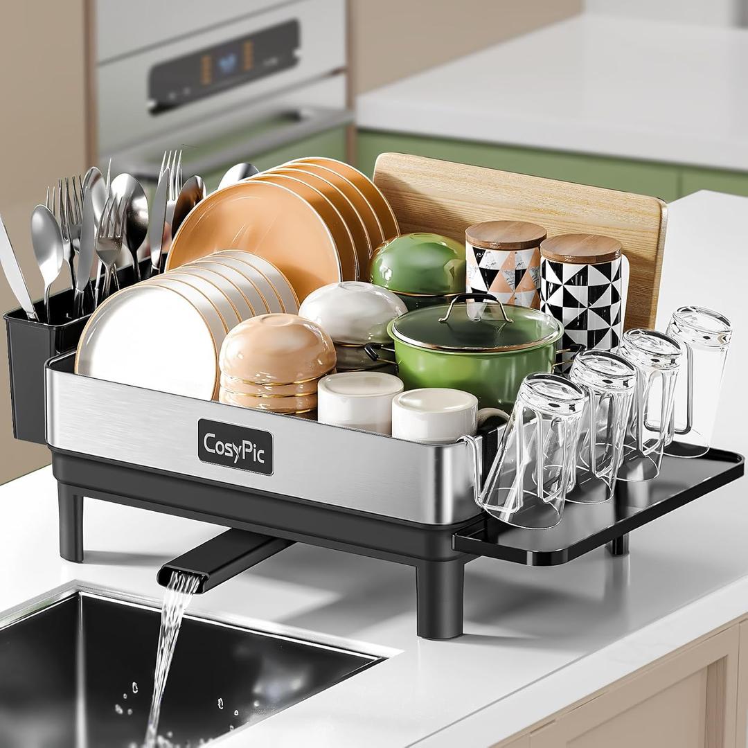 Dish Racks, Thicker Premium 304 Stainless Steel Dish Drying Rack for Kitchen Counter, Automatic Drainage Spout, Dish Drainer & Drainboard Set with Utensil Holder and Cup Holder, Black (1 Tier)