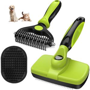 3PCS Self Cleaning Slicker Brush & Pet Grooming Rake & Bath Brush for Dogs, Cats and Horses | Double-Sided Dematting Comb & Skin Friendly Deshedding Grooming Tool | Premium Pet Supplies(Green Black)