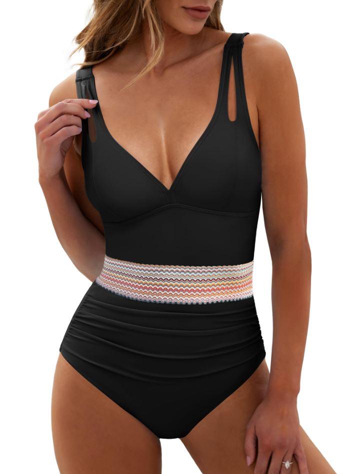 ANRABESS One Piece Swimsuit for Women Tummy Control V Neck Slimming Sexy Bathing Suit Color Block Padded Beach Swimwear, Black, Large