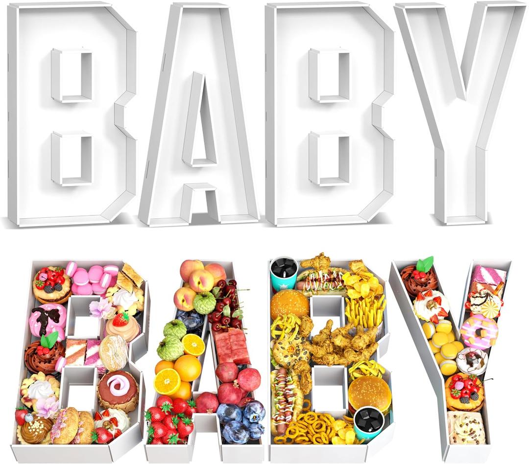 Paready Fillable Cardboard Letters BABY, 13.78'' Tray Charcuterie Board, White Trays for Food Candy Cupcake Container Box, Birthday Gender Reveal Baby Shower Party Decoration