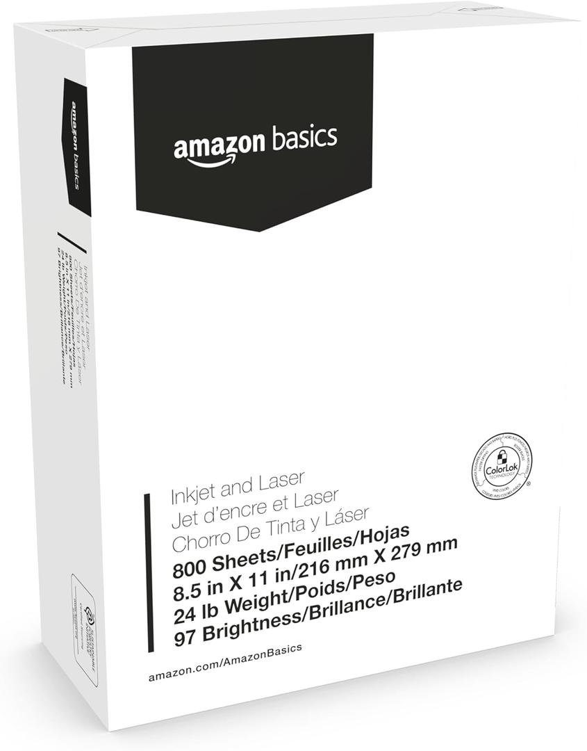 800 x Amazon Basics Multipurpose Copy Printer Paper, 8.5 x 11 Inches, 24 lb Weight, 97 Brightness, White, 800 Sheets (1 Mega Ream), for Inkjet and Laser, Copy & Print