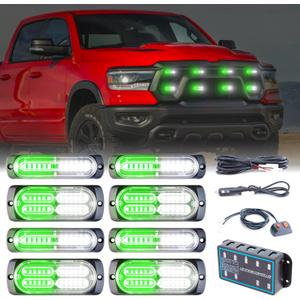 8pcs Sync Feature Emergency Strobe Grille Lights LED Ultra Slim Surface Mount Flashing Hazard Warning Light Bar with Controller for Firefighter/Construction/Trucks/Vehicles/Car (Green/White)